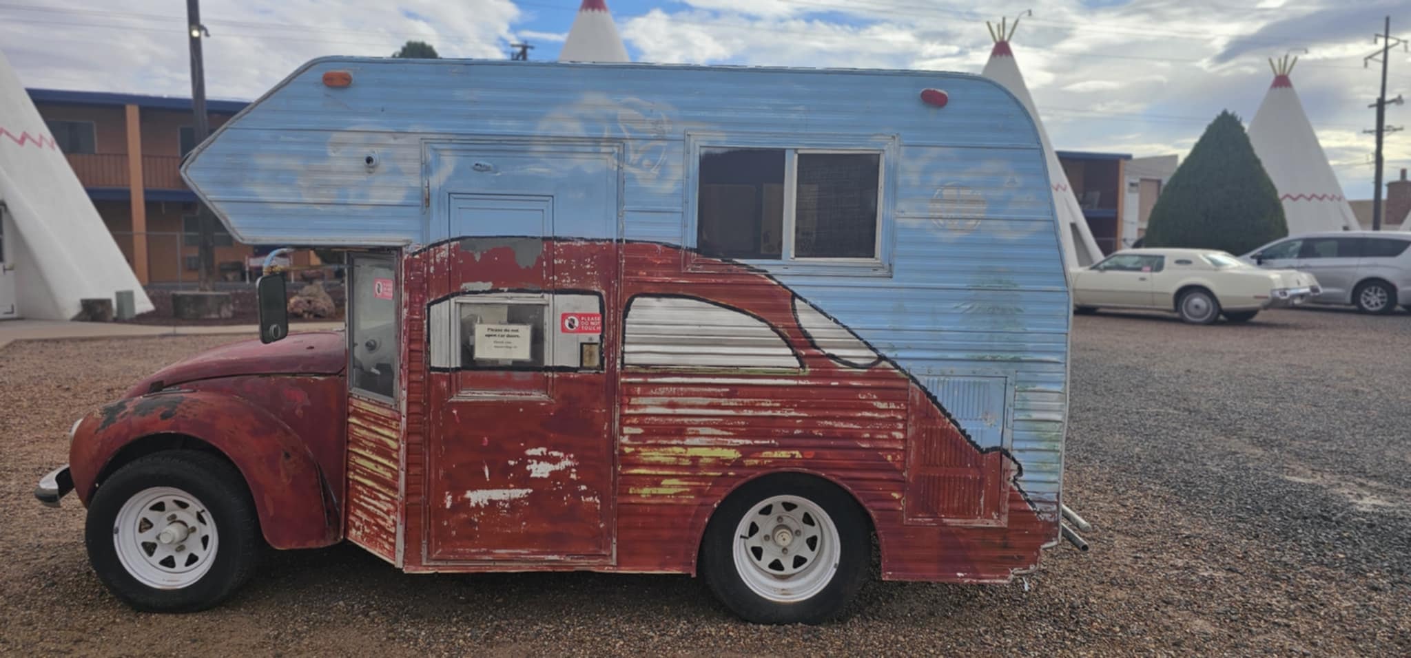 VW Bug and camper art car mashup at the Wigwam Motel lot in Holbrook, Arizona