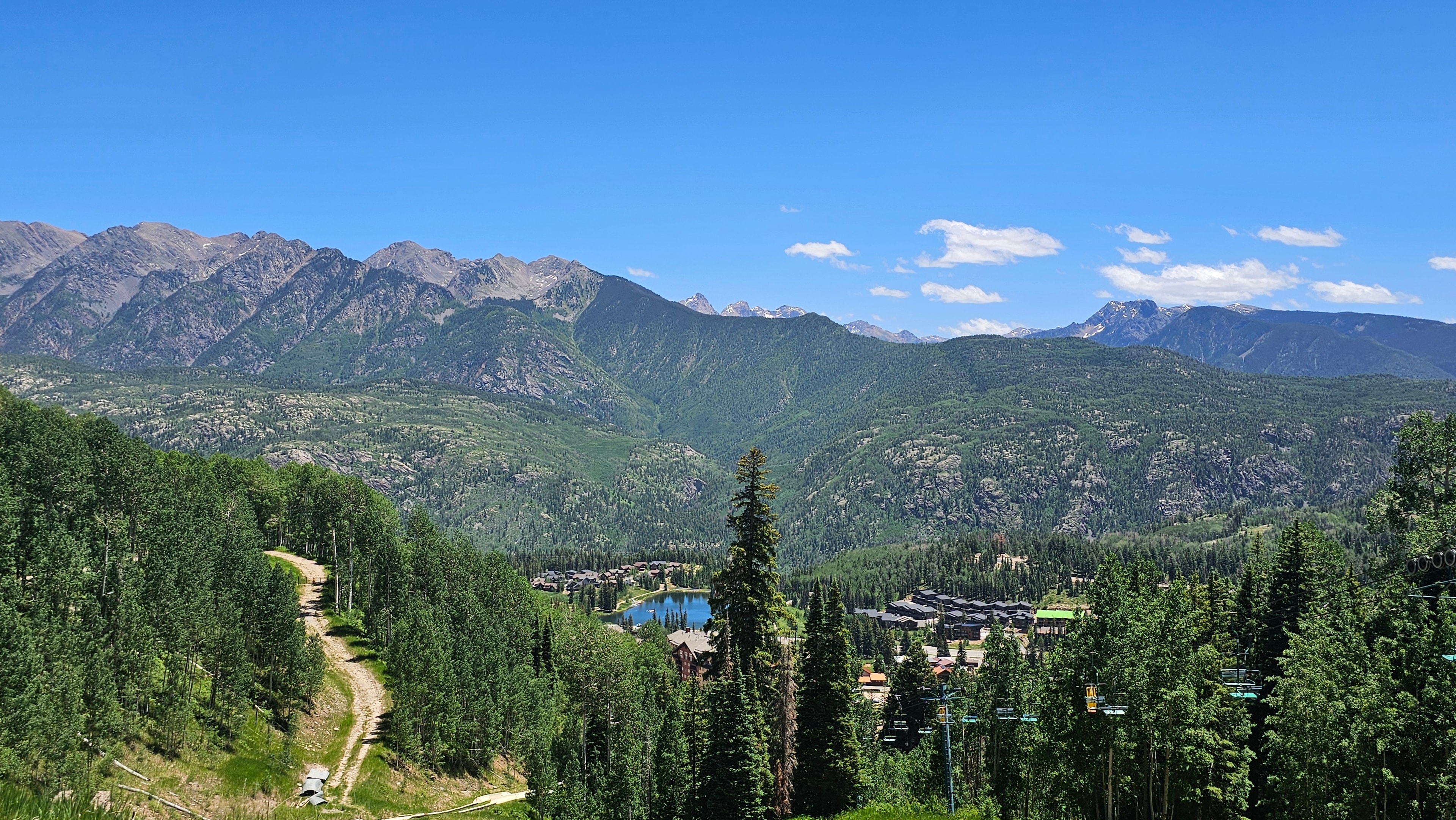 San Juan Mountains panoramic from the Purgatory chairlift — resort village, lake, forested slopes, and jagged peaks under blue sky — LOVING LIFE HAVING FUN Brinkley Z3400