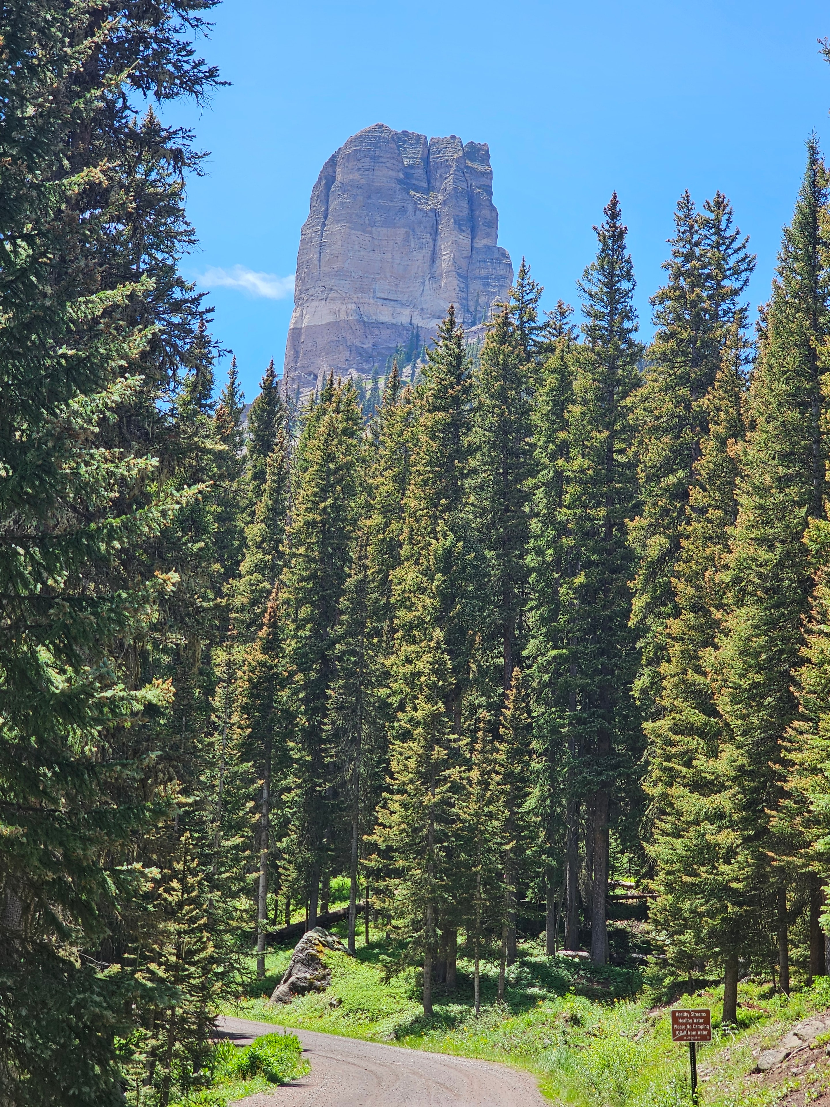 Owl Creek Pass — massive rounded sandstone butte monolith rising above dense spruce forest, blue sky — LOVING LIFE HAVING FUN Brinkley Z3400