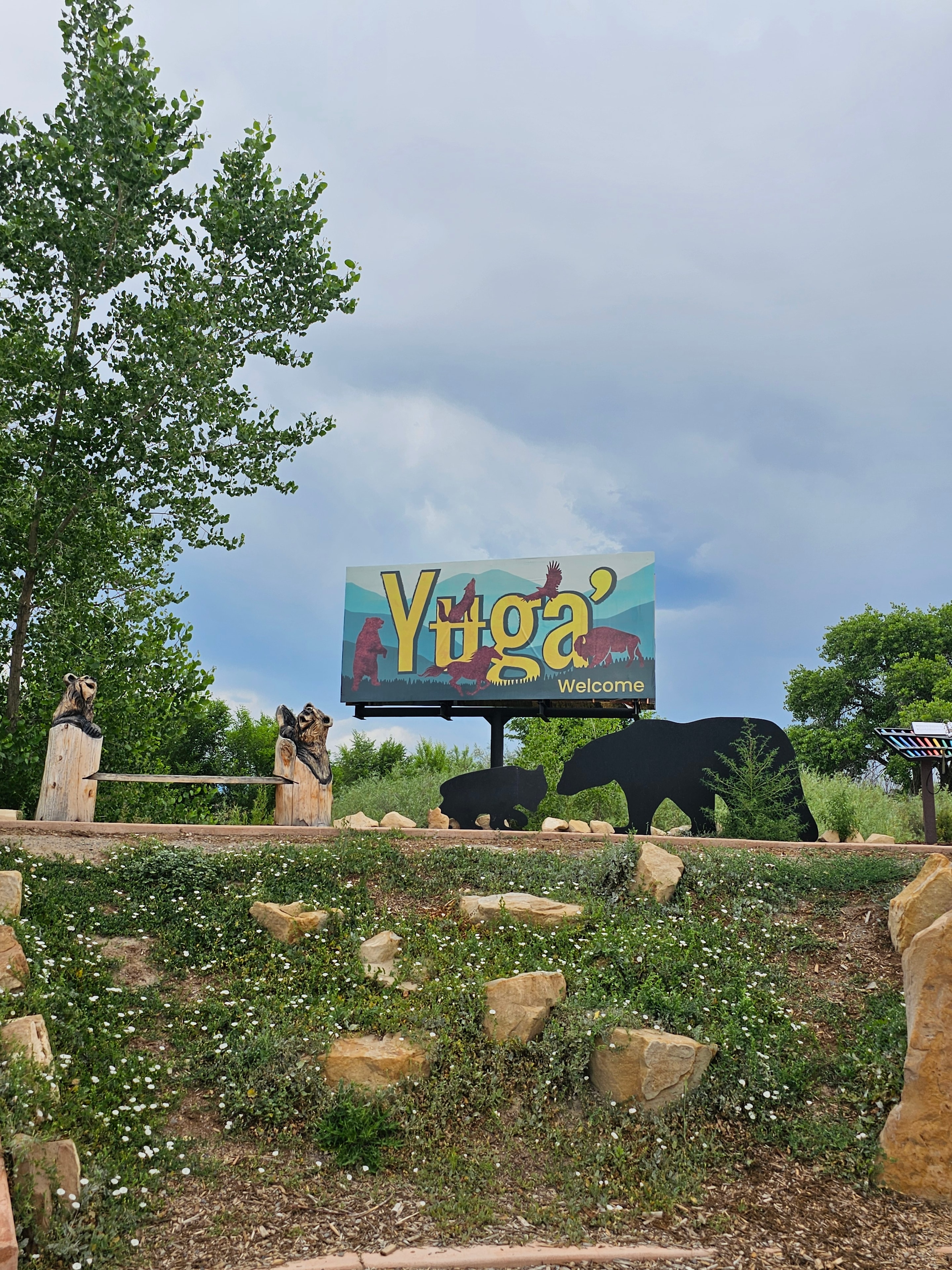 Ute Indian Museum — colorful Yuga Welcome sign with wildlife silhouettes, Montrose, Colorado — LOVING LIFE HAVING FUN Brinkley Z3400