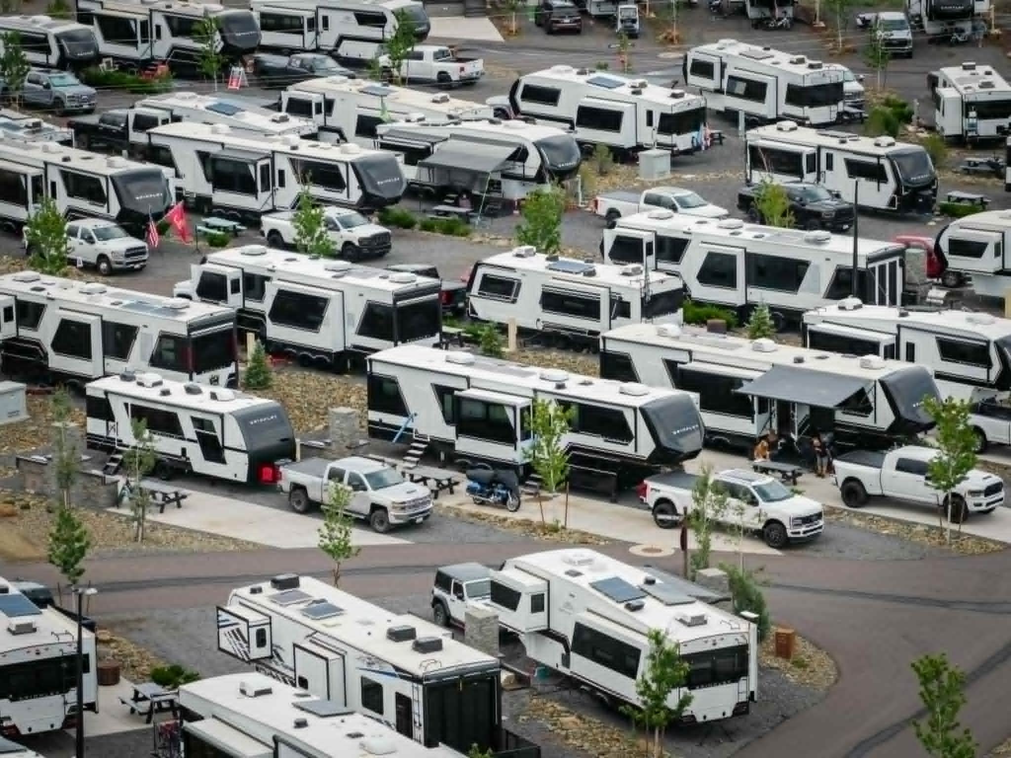 Aerial view of Brinkley RVs packed into Village Camp Resort for Meet-Up #004 Flagstaff
