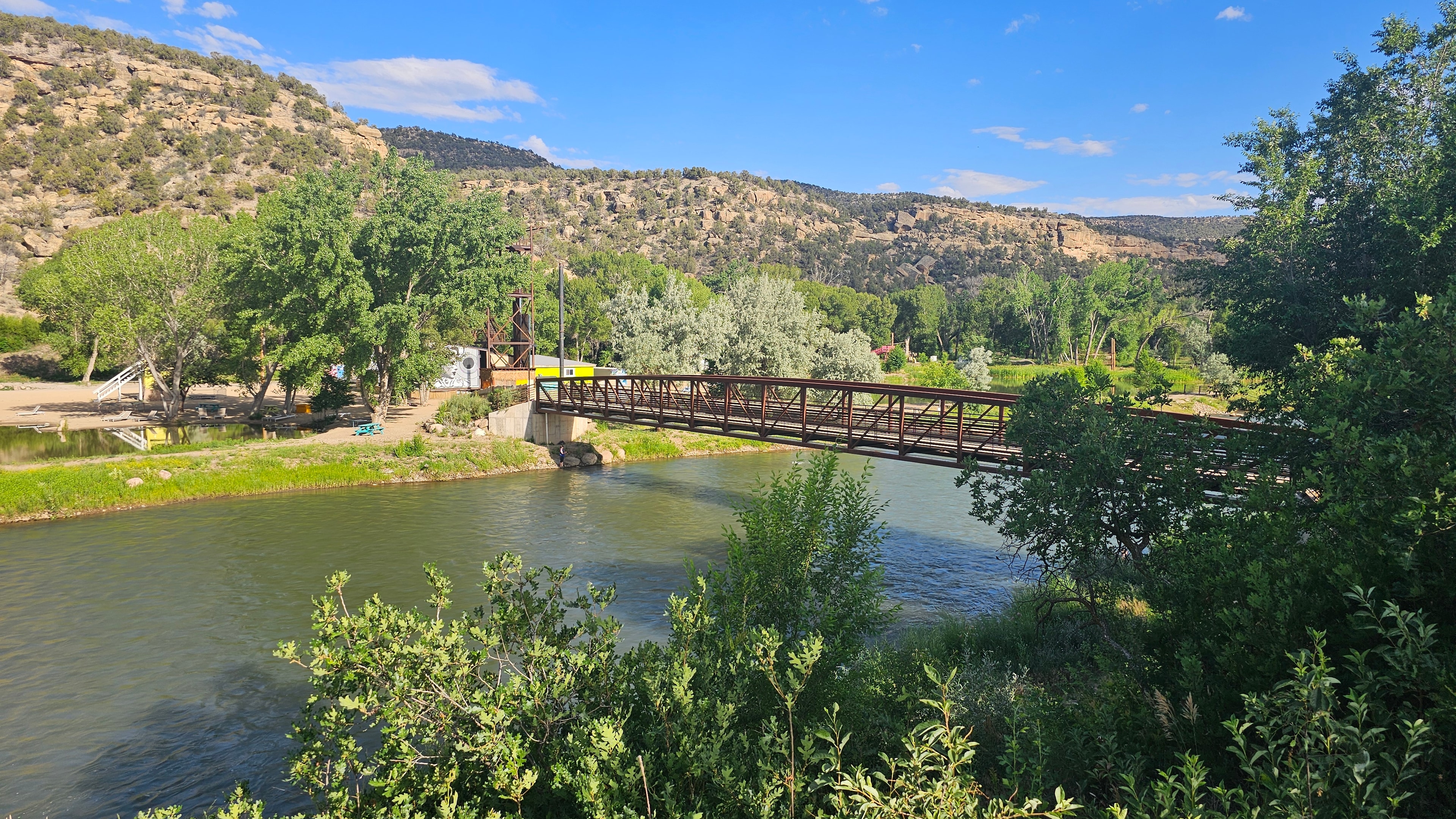 Suspension bridge over the Animas River at Tico Time River Resort, Aztec, NM