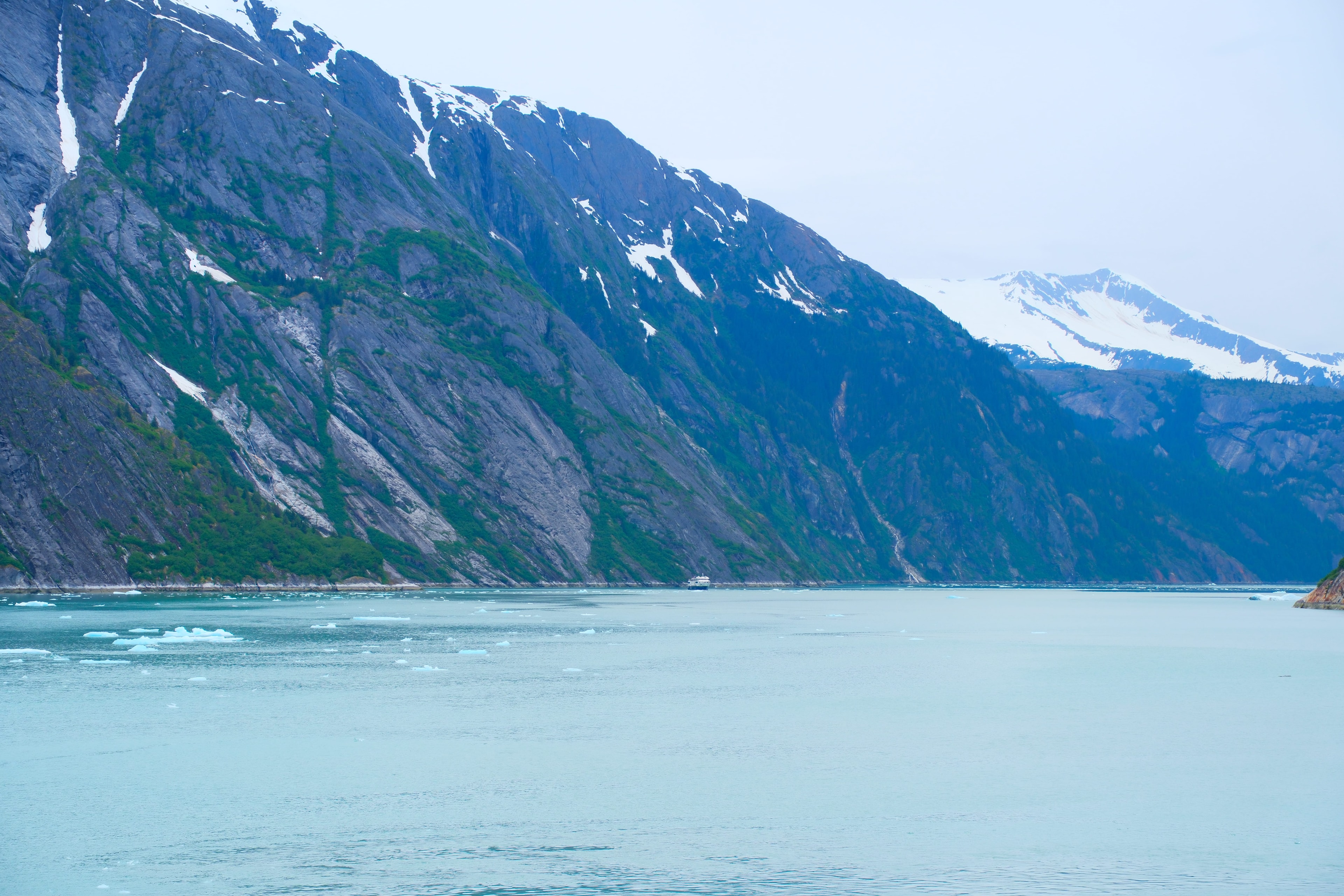 Wide fjord view approaching Dawes Glacier — another vessel visible in the distance, floating ice chunks on milky teal water, mountains rising on both sides