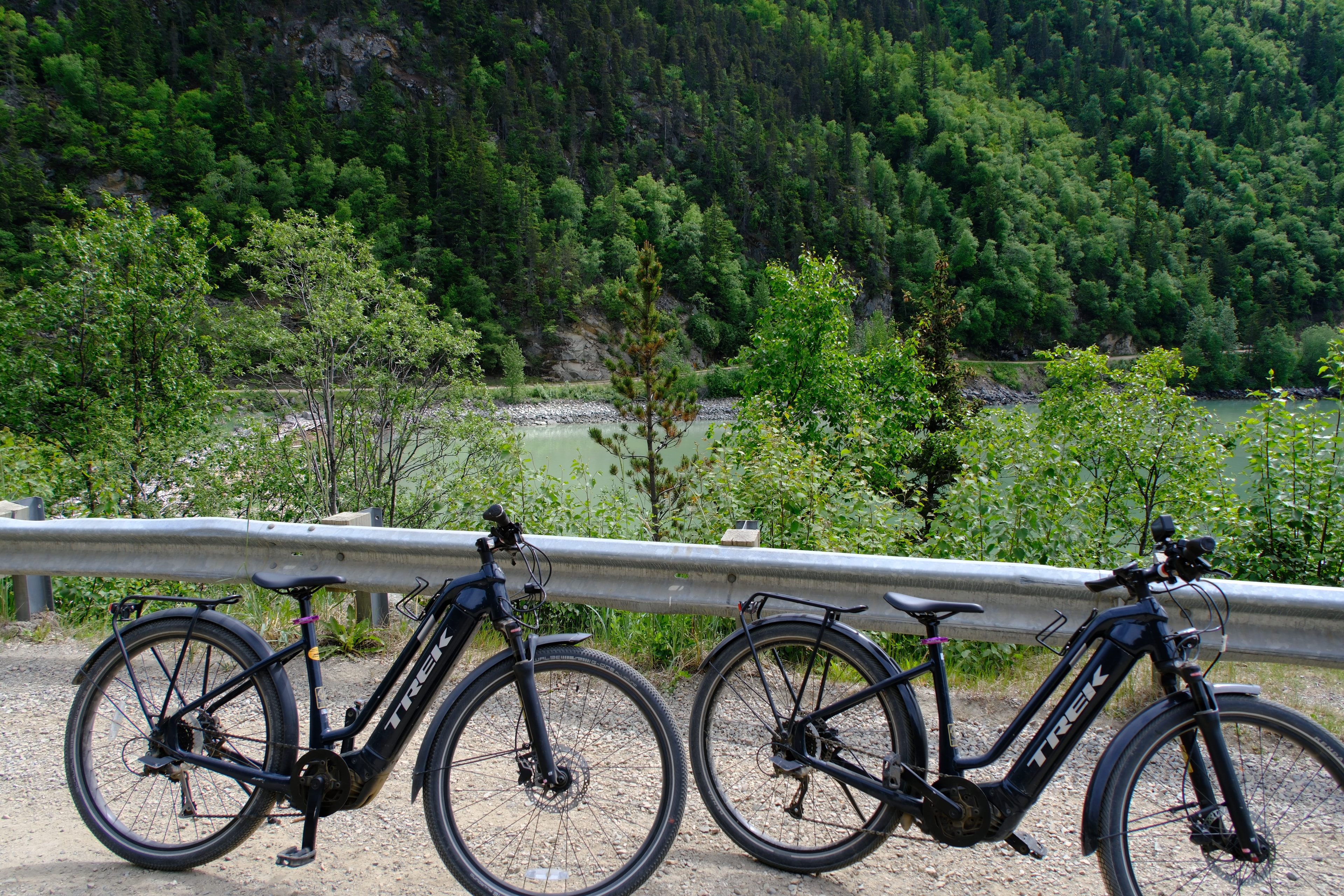 Two Trek e-bikes parked along the Dyea road guardrail — the glacial Skagway River visible through the brush below, dense green spruce forest and dark rocky cliffs rising behind