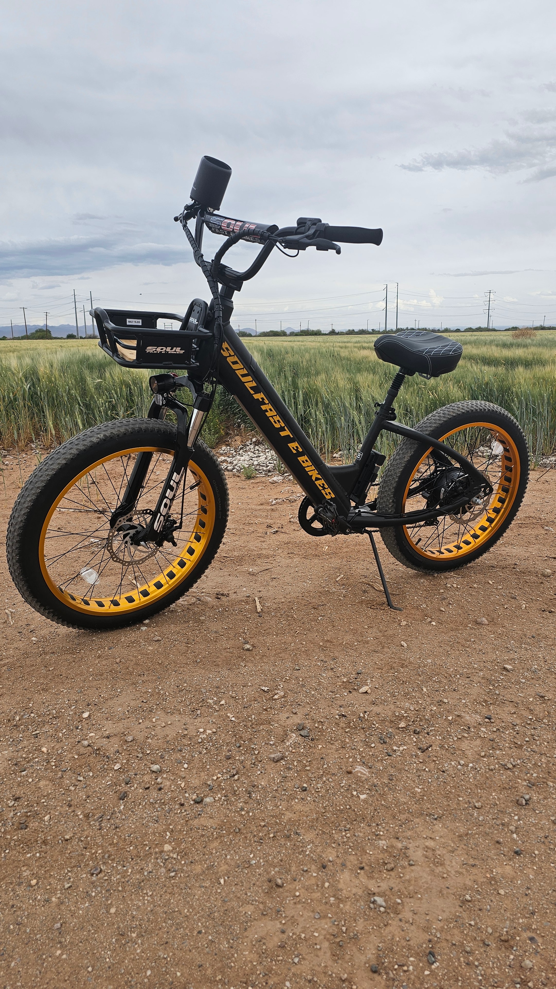 Black and gold Soul Fast e-bike on a dirt road under open sky
