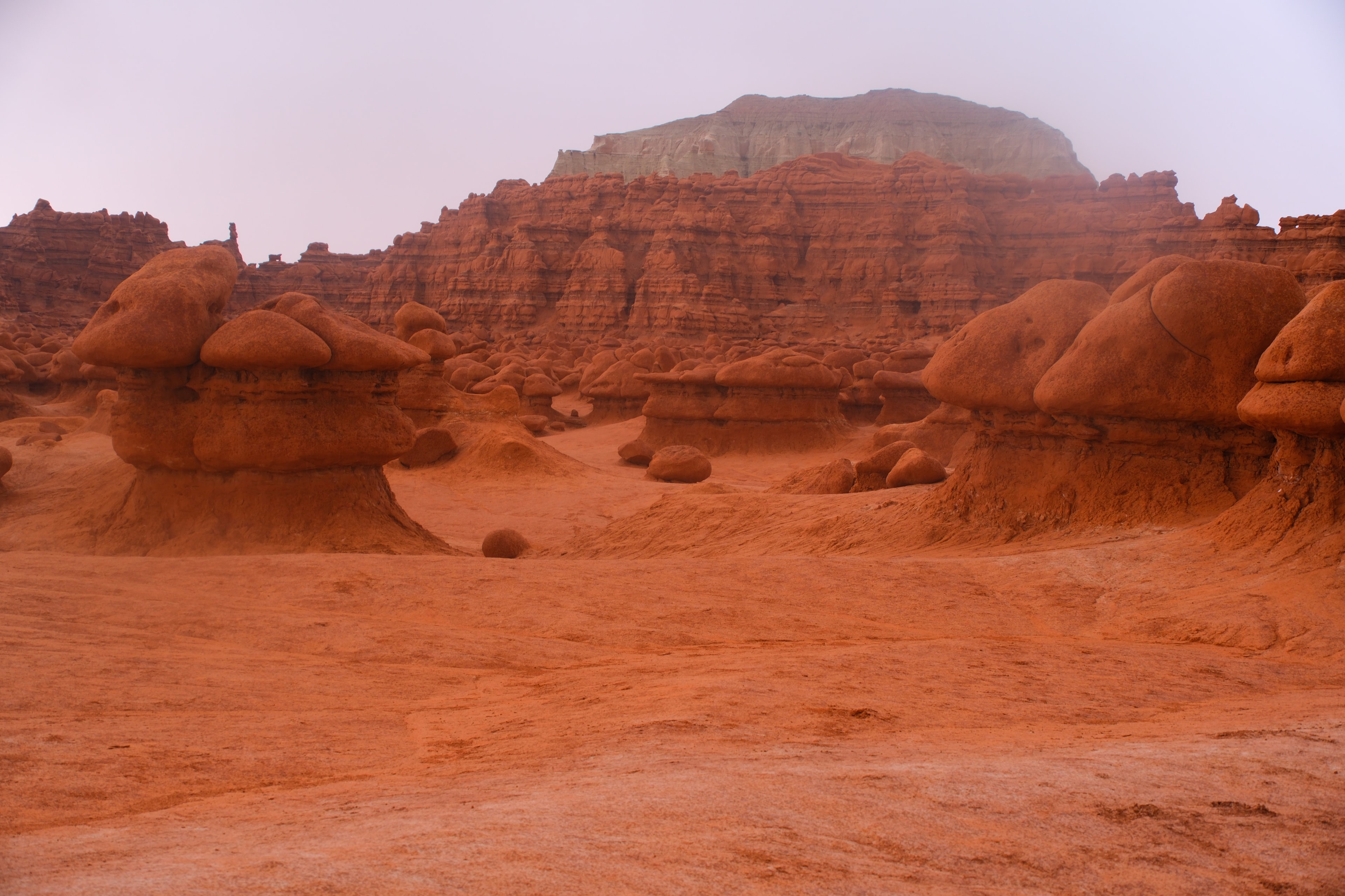 Goblin Valley floor in misty dusty conditions with goblins scattered across orange sand and mesa wall behind at Goblin Valley State Park Utah