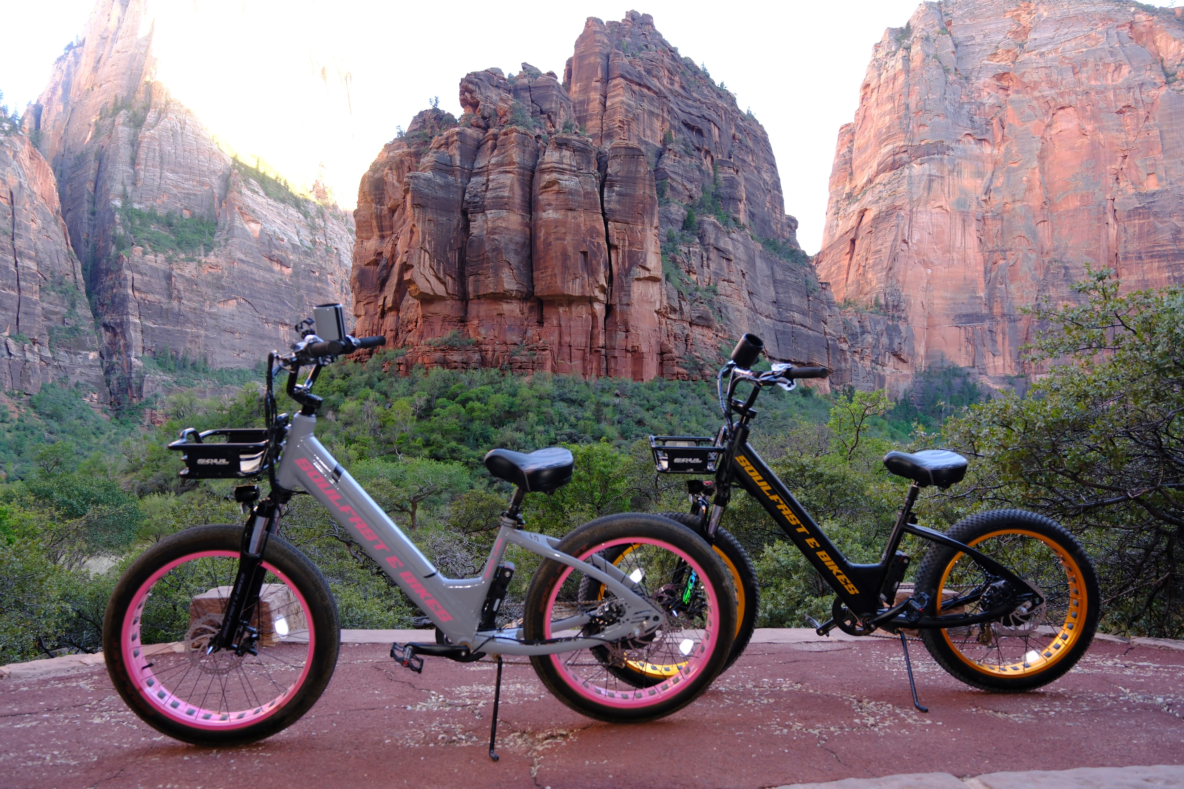 Both Soul Fast e-bikes with a dramatic red butte centered behind them