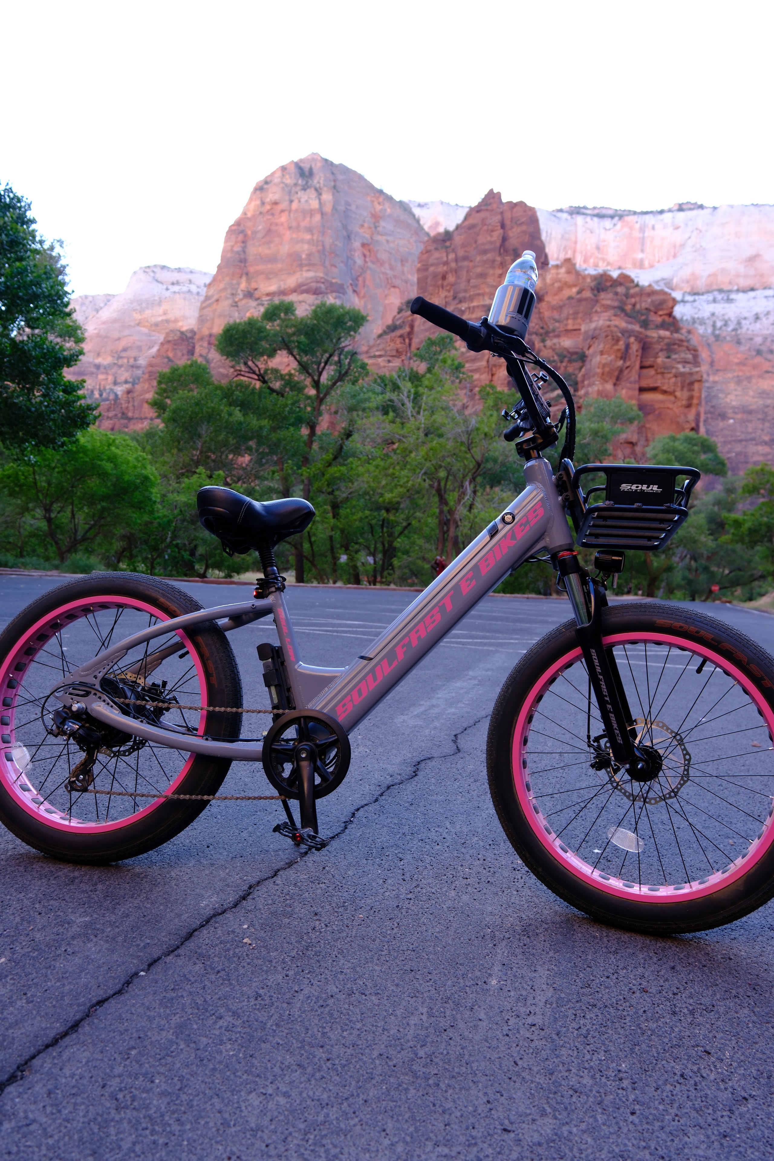 Pink Soul Fast e-bike on a canyon road with towering red walls behind