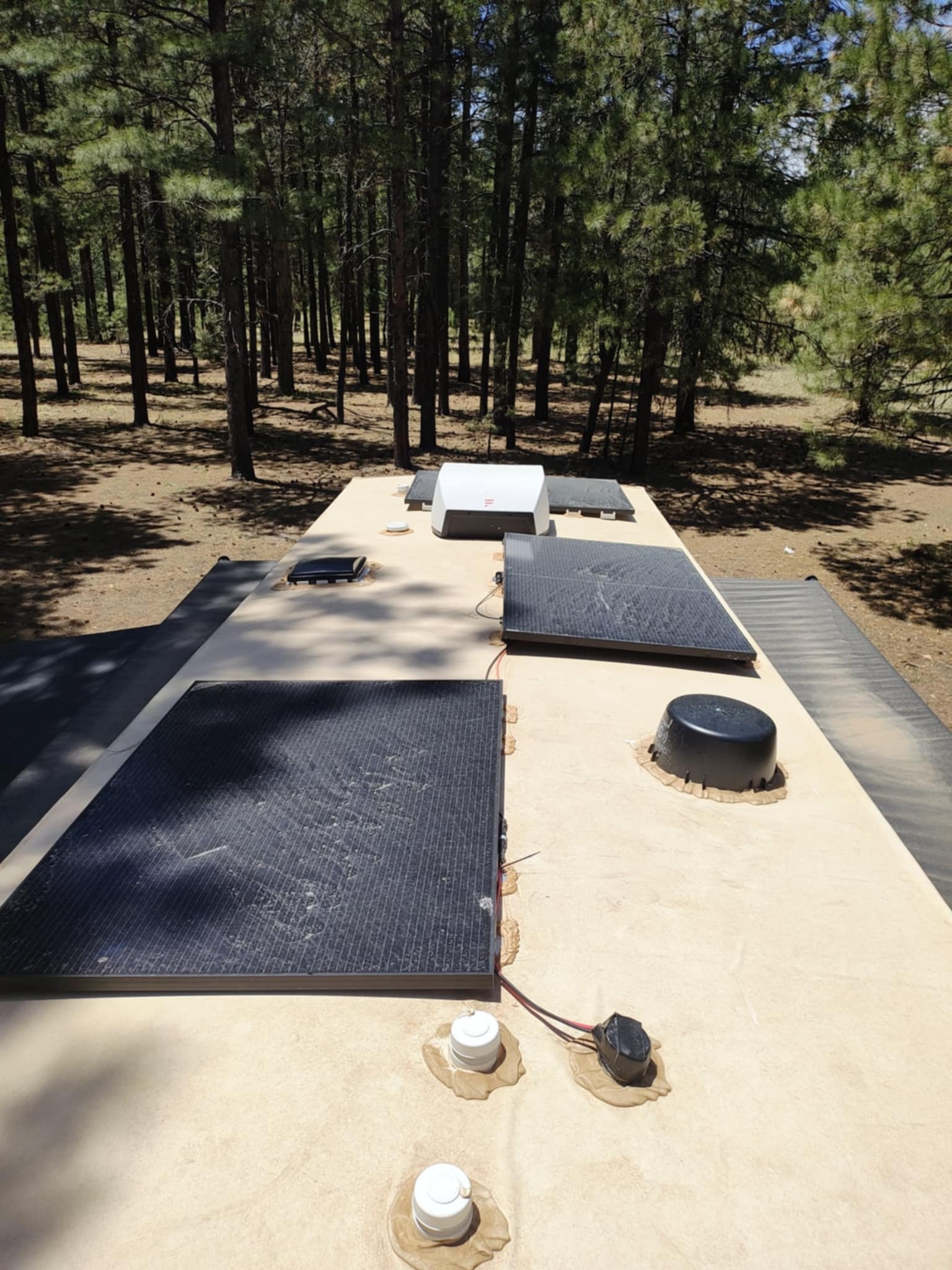 Solar panels on the roof of the Brinkley Z3400 in the pines