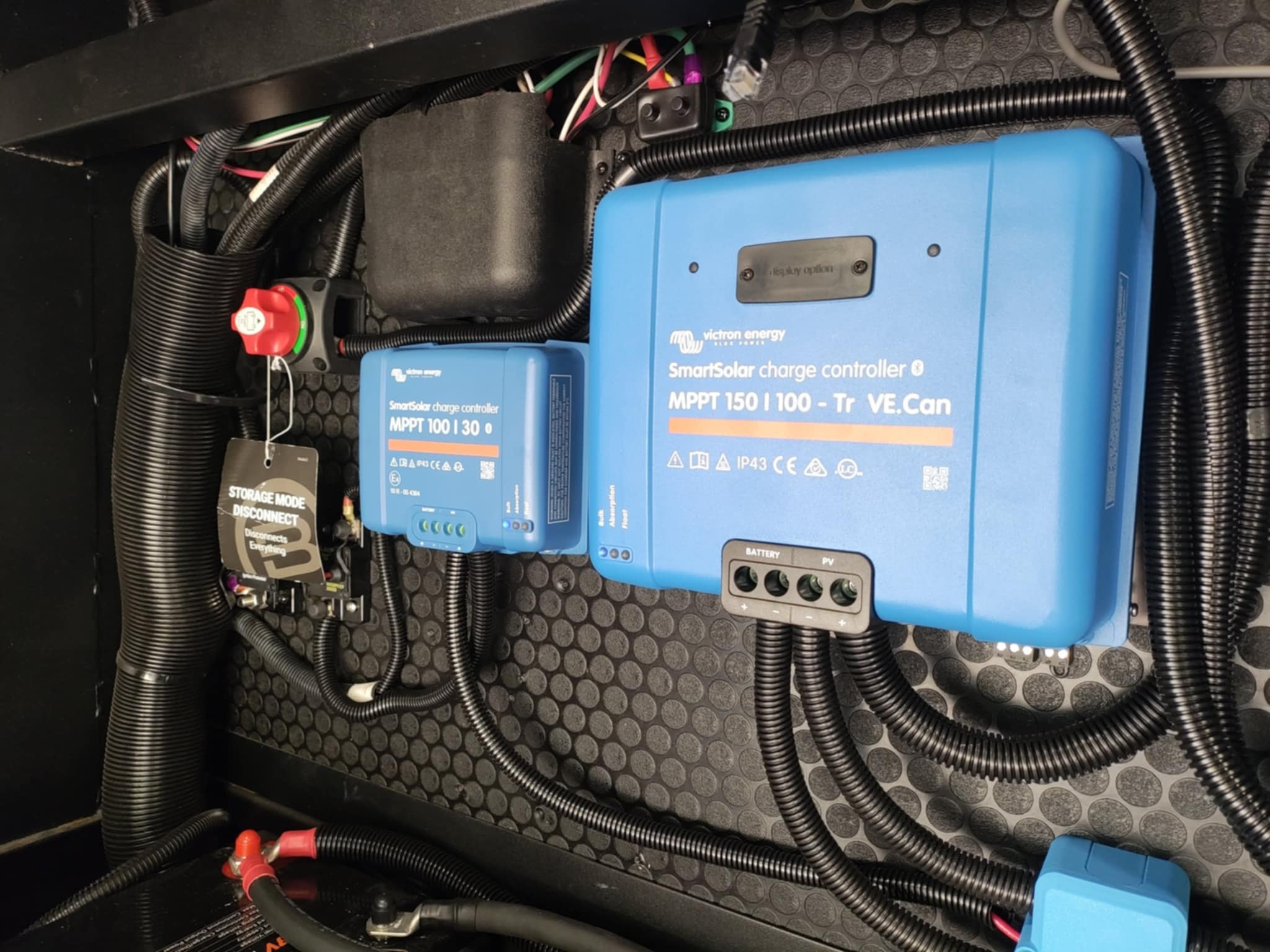 Victron SmartSolar MPPT 150/100 and MPPT 100/30 charge controllers installed in the Brinkley Z3400 basement