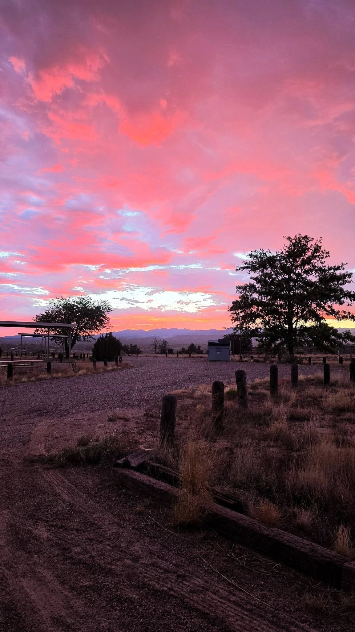 Blazing pink and purple sunset over Cochiti Lake State Park campground — silhouetted cottonwood trees frame a sky on fire with magenta and lavender clouds, the Jemez Mountains visible as a dark ridge on the horizon, weathered wooden fence posts and dry grass in the foreground